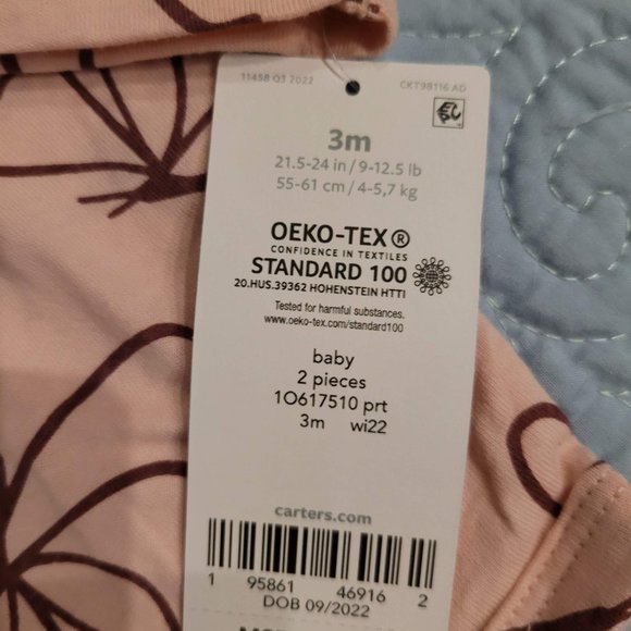 Carter's Baby Girls 2-Pc Bodysuit Set, Pink Shirt Purple Flowers & Pants w Bows - Picture 4 of 12